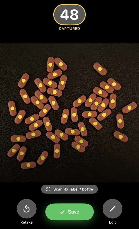 iCyclop photo count: 48 caplets counted, each marked with a dot