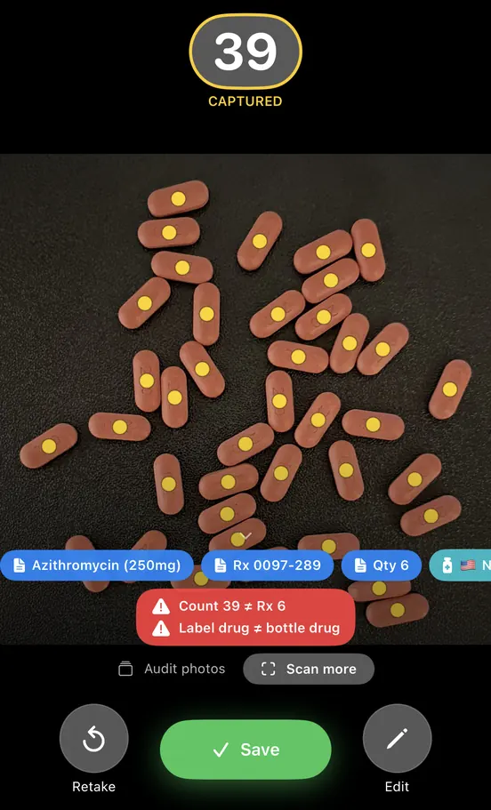 Rx Verification flags a mismatch: count 39 against Rx quantity 6, and the label drug does not match the bottle drug