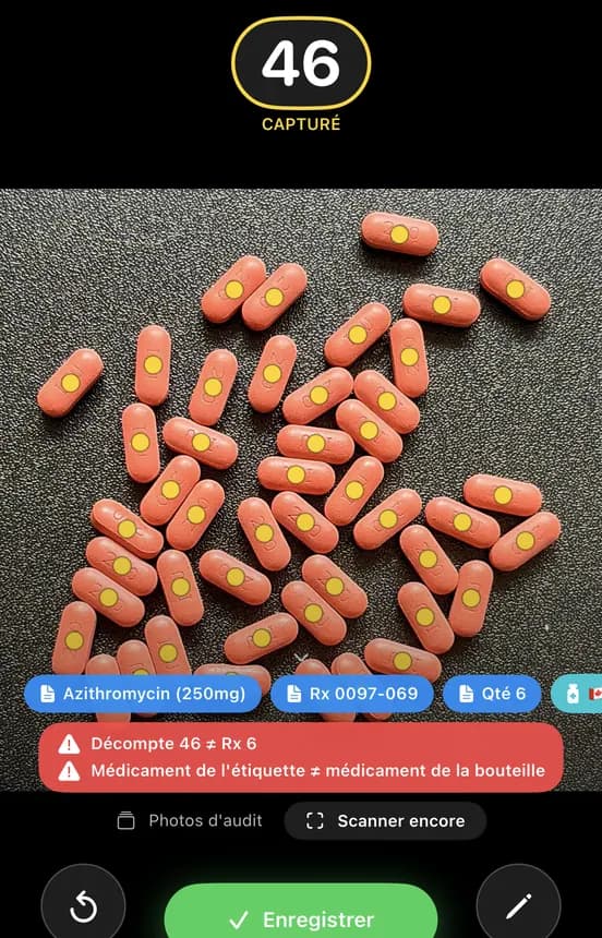 La Vérification Rx signale un écart : décompte de 46 contre une quantité Rx de 6, et le médicament de l'étiquette ne correspond pas à celui de la bouteille